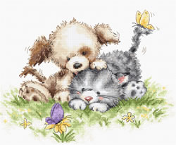 Borduurpakket Dog and Cat with Butterfly - Luca-S