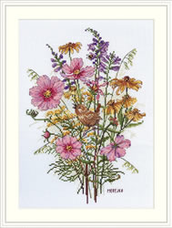 Cross stitch kit September Flowers and Wren - Merejka