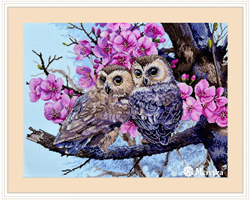 Cross stitch kit Two Owls in Spring Blossom - Merejka