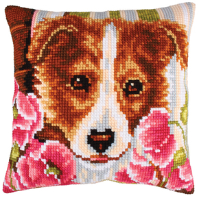 Cushion cross stitch kit Dog and Pink Poppies - Collection d'Art