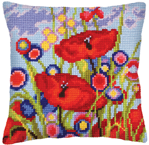 Cushion cross stitch kit Red Poppies - Collection d'Art