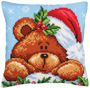 Cushion cross stitch kit Christmas with a Teddy Bear - Collection d'Art